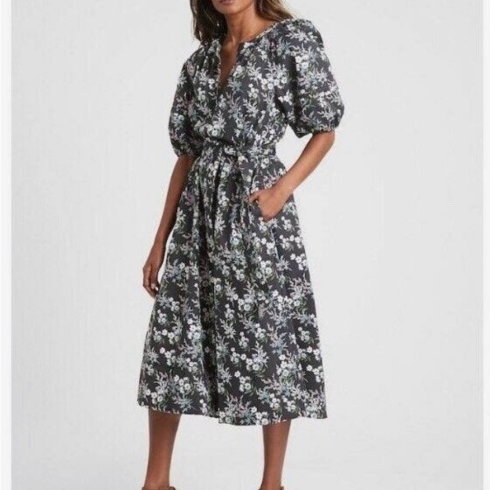 J Crew Cotton Floral Black Midi-dress